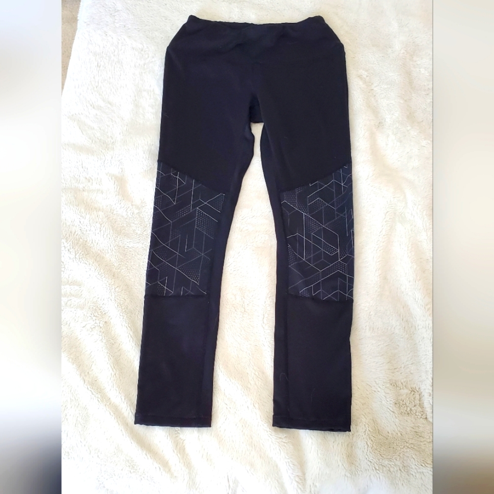 Reebok Womens Full Length Activewear Black Pants Geometric Shapes|Size:XS